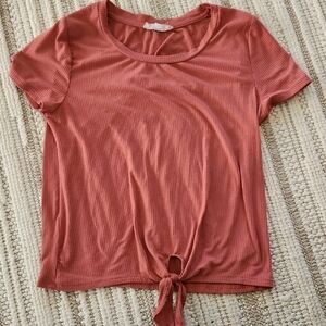 Pink Rose Women's Ribbed Tie-Front Tee - Coral